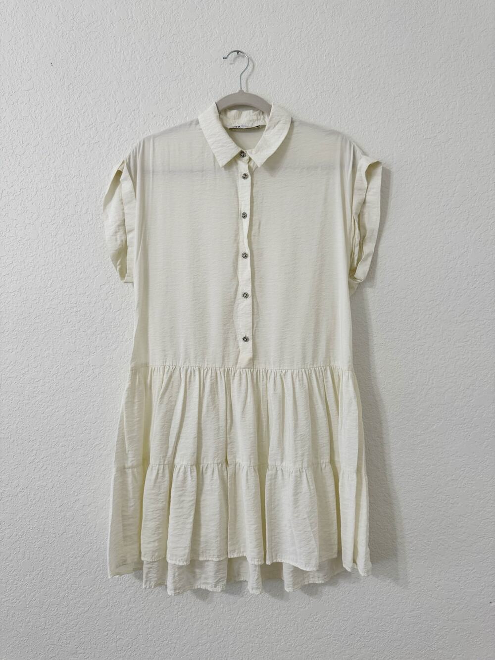 Zara Cream Tiered Mini Shirt Dress Ruffle Hem Short Sleeve XS